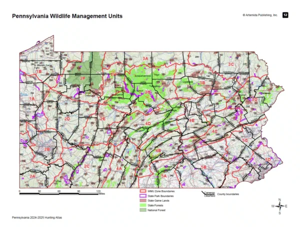 Inner page of Pennsylvania Hunting Atlas with map of the state and public lands