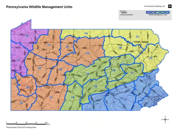 Inner page of Pennsylvania Hunting Atlas with map of the state and counties