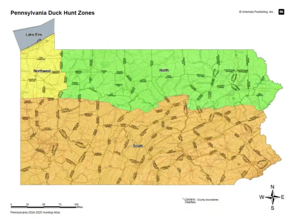 Inner page of Pennsylvania Hunting Atlas with map of the state and hunting zones