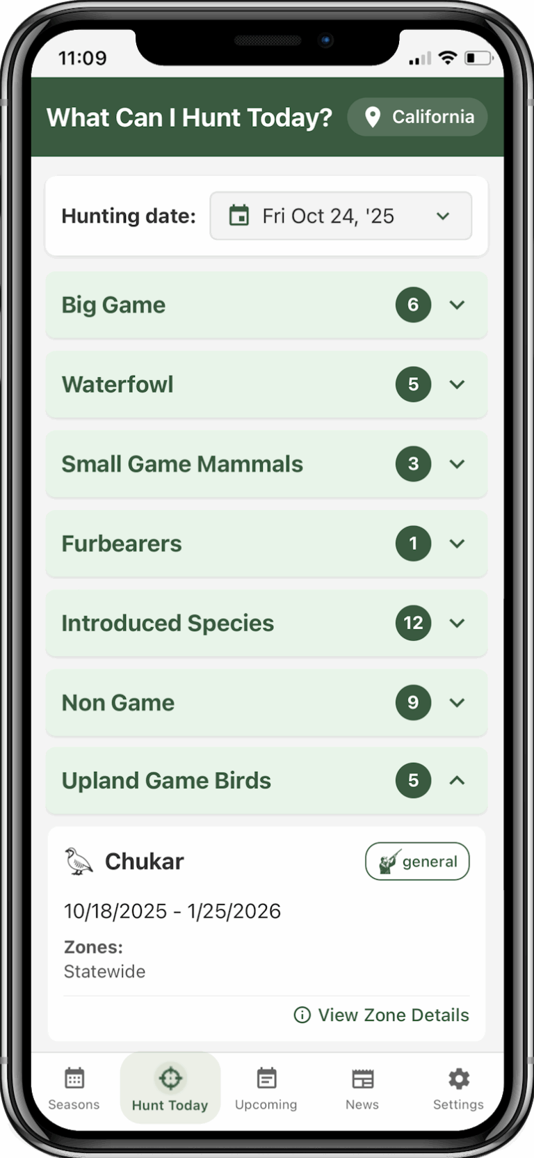 Screenshot of the Hunterizer Seasons app showing California hunting season list and species details on a mobile phone