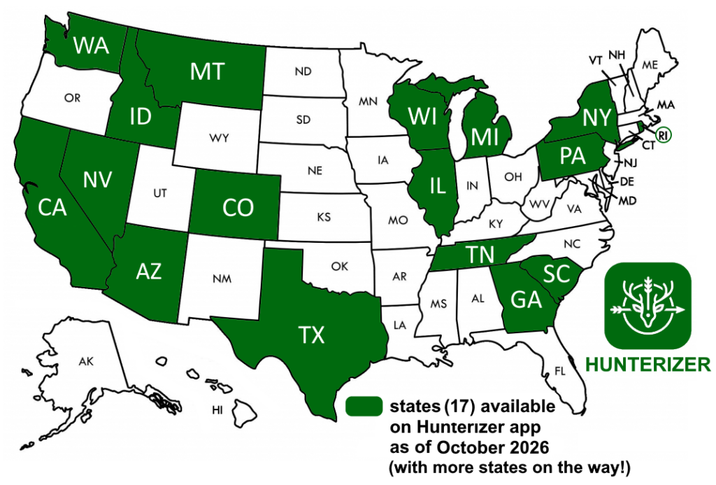 Map of the 17 US states supported by the Hunterizer hunting app: AZ, CA, CO, GA, ID, IL, MI, MT, NV, NY, PA, RI, SC, TN, TX, WA, and WI